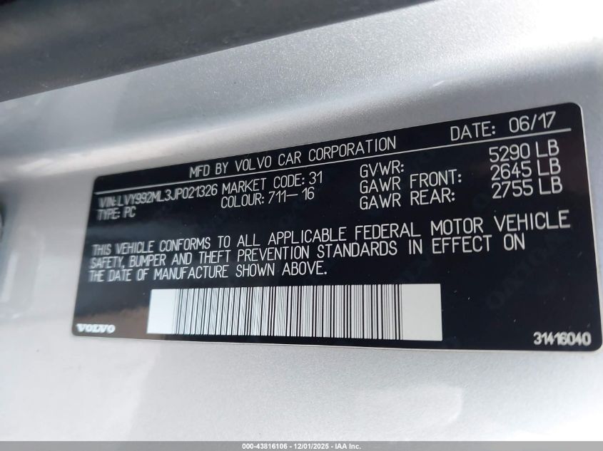 2018 Volvo S90 T6 Inscription VIN: LVY992ML3JP021326 Lot: 43816106