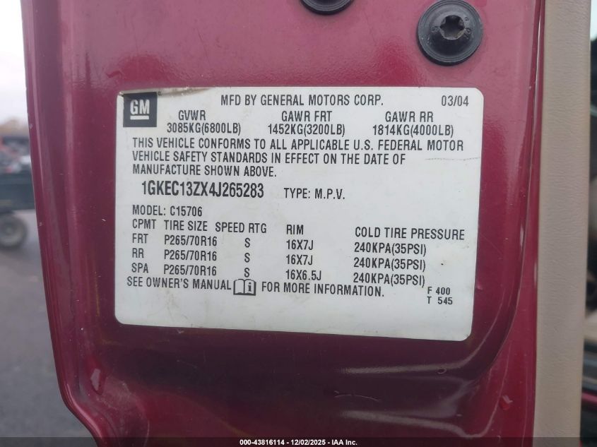 2004 GMC Yukon Slt VIN: 1GKEC13ZX4J265283 Lot: 43816114