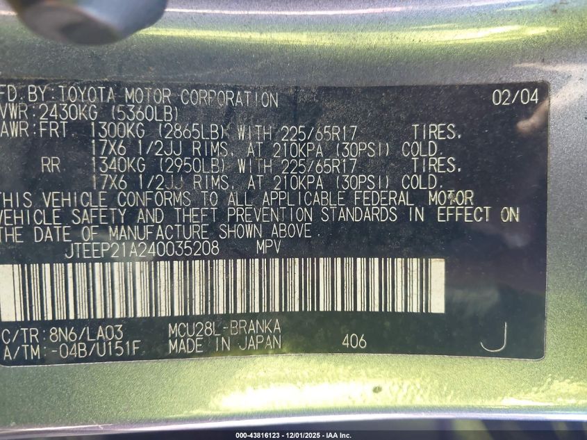 2004 Toyota Highlander Limited V6 VIN: JTEEP21A240035208 Lot: 43816123