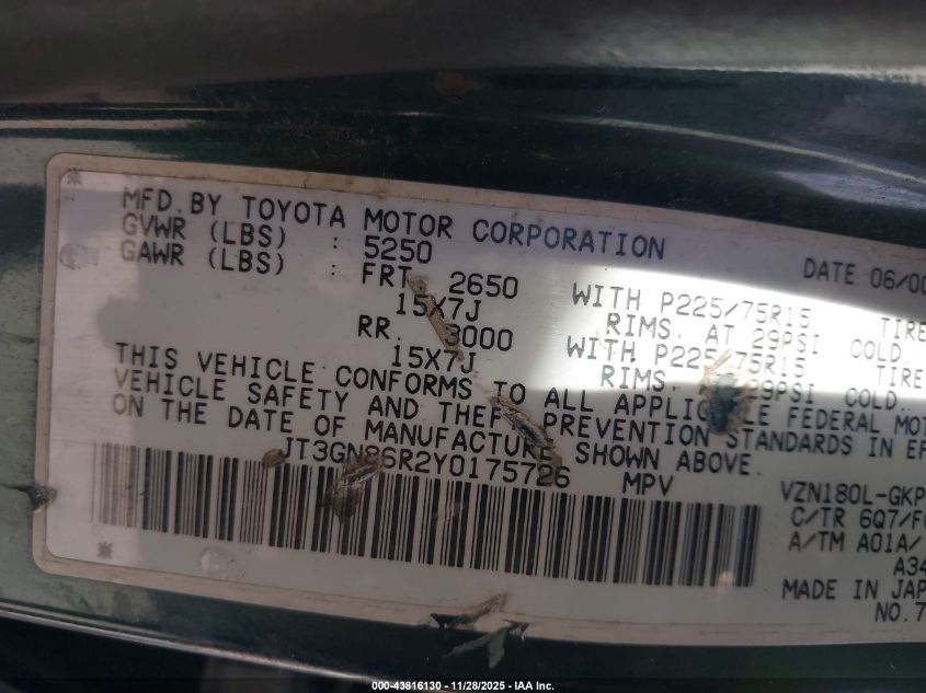 2000 Toyota 4Runner Sr5 V6 VIN: JT3GN86R2Y0175726 Lot: 43816130