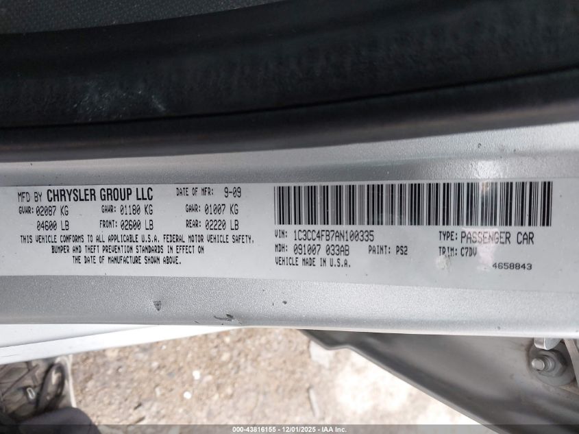 2010 Chrysler Sebring Touring VIN: 1C3CC4FB7AN100335 Lot: 43816155