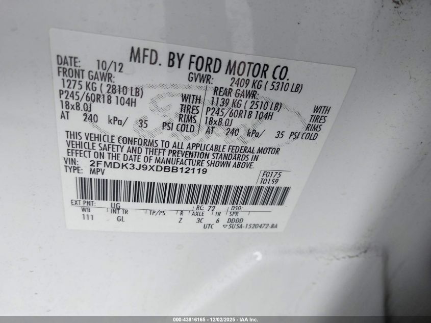 2013 Ford Edge Sel VIN: 2FMDK3J9XDBB12119 Lot: 43816165