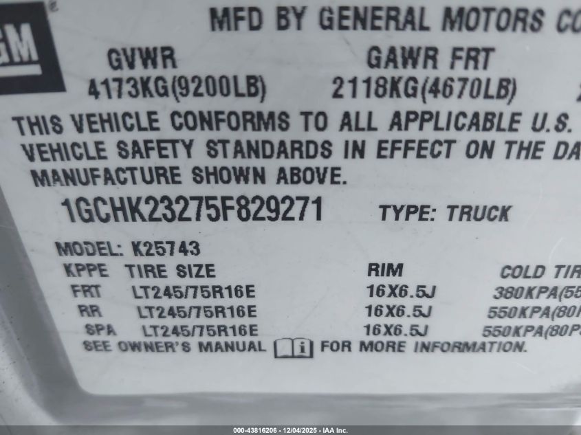 2005 Chevrolet Silverado 2500Hd Ls VIN: 1GCHK23275F829271 Lot: 43816206