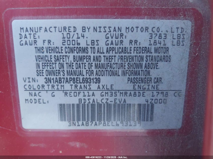 2014 Nissan Sentra S VIN: 3N1AB7AP8EL693139 Lot: 43816223