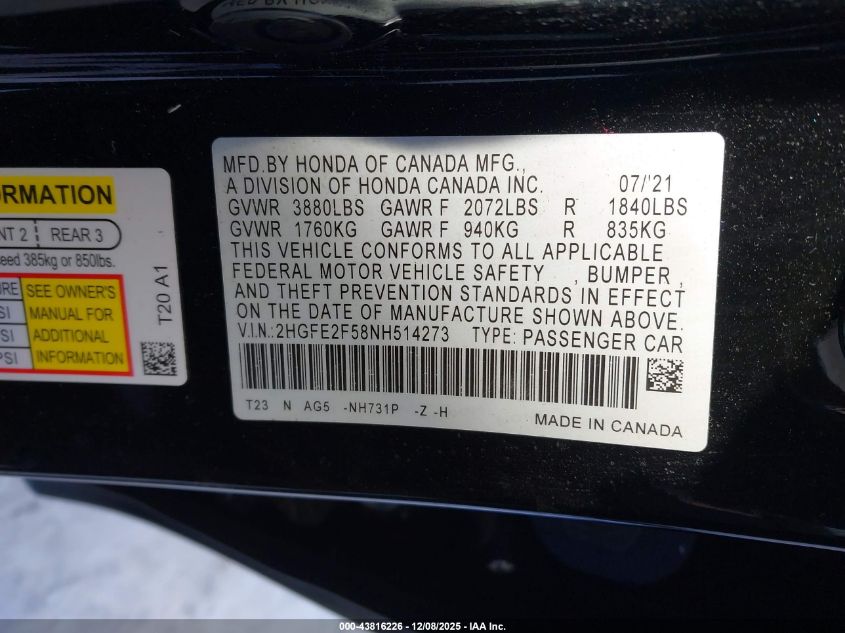 2022 Honda Civic Sport VIN: 2HGFE2F58NH514273 Lot: 43816226