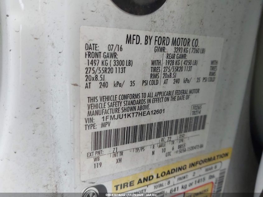 2017 Ford Expedition Limited VIN: 1FMJU1KT7HEA12601 Lot: 43816232