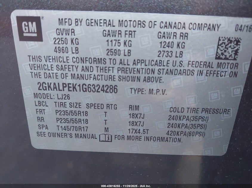 2016 GMC Terrain Slt VIN: 2GKALPEK1G6324286 Lot: 43816255