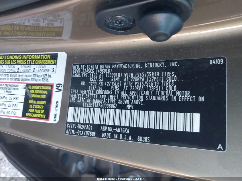 2009 Toyota Venza VIN: 4T3ZE11A79U006067 Lot: 43816260