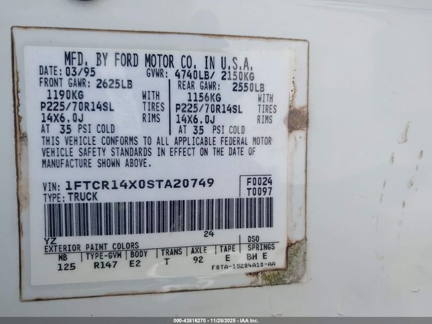1995 Ford Ranger Super Cab VIN: 1FTCR14X0STA20749 Lot: 43816270