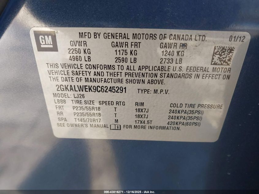 2012 GMC Terrain Slt-2 VIN: 2GKALWEK9C6245291 Lot: 43816271