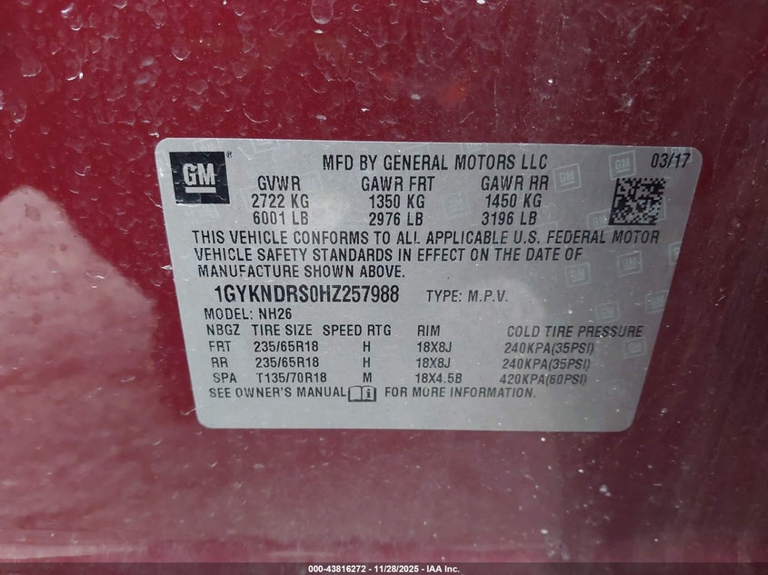 2017 Cadillac Xt5 Luxury VIN: 1GYKNDRS0HZ257988 Lot: 43816272