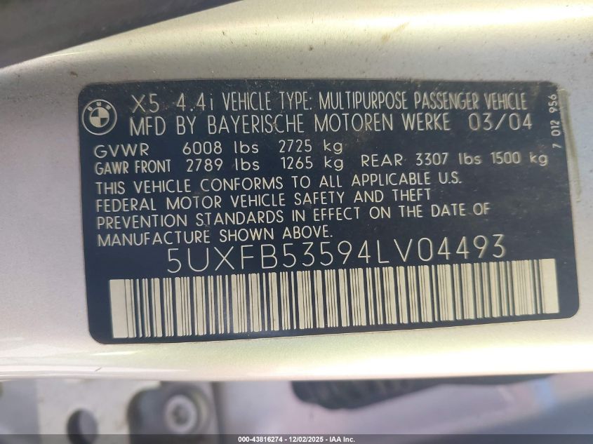 2004 BMW X5 4.4I VIN: 5UXFB53594LV04493 Lot: 43816274