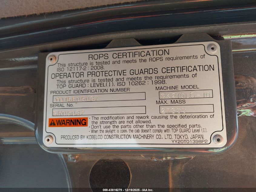 2019 Kobelco Excavator VIN: Y015605037 Lot: 43816279