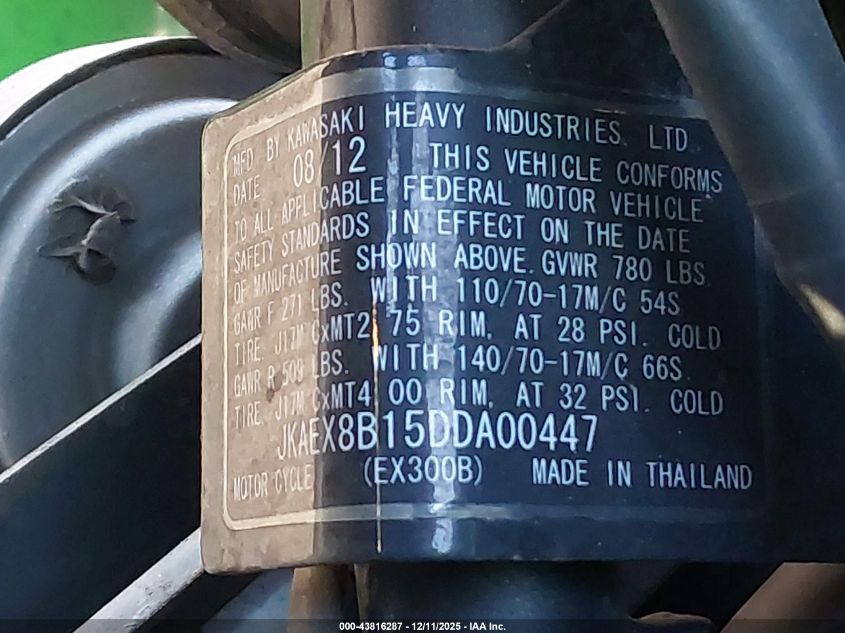 2013 Kawasaki Ex300 B VIN: JKAEX8B15DDA00447 Lot: 43816287