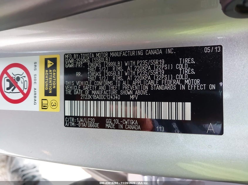 2013 Lexus Rx 350 VIN: 2T2ZK1BA0DC124340 Lot: 43816293