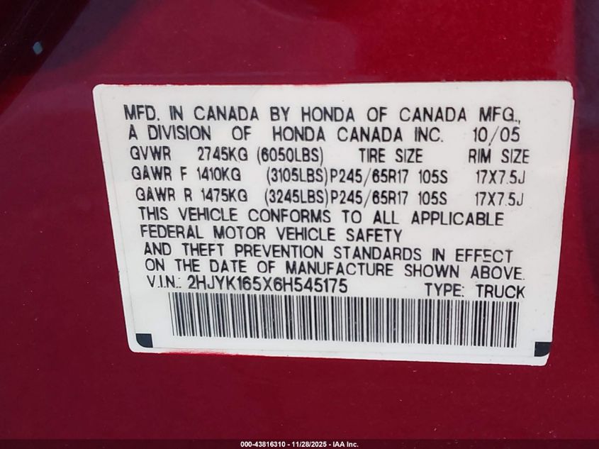 2006 Honda Ridgeline Rtl VIN: 2HJYK165X6H545175 Lot: 43816310