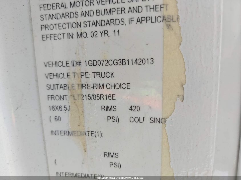 2011 GMC Savana Cutaway Work Van VIN: 1GD072CG3B1142013 Lot: 43816324