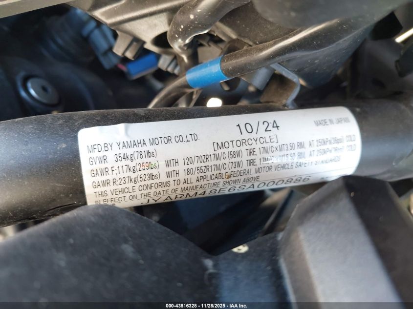 2025 Yamaha Mtn690 VIN: JYARM48E6SA000886 Lot: 43816328