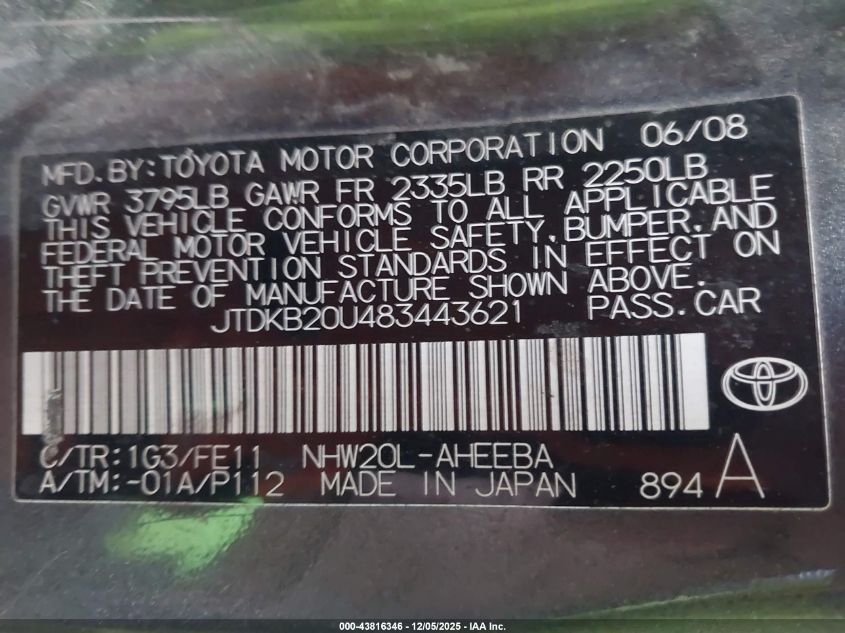 2008 Toyota Prius Touring VIN: JTDKB20U483443621 Lot: 43816346