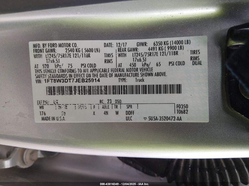 2018 Ford F-350 Lariat VIN: 1FT8W3DT7JEB25914 Lot: 43816349
