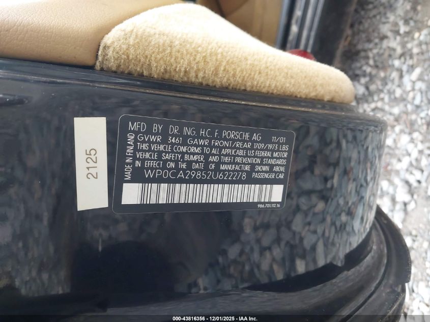 2002 Porsche Boxster VIN: WP0CA29852U622278 Lot: 43816356