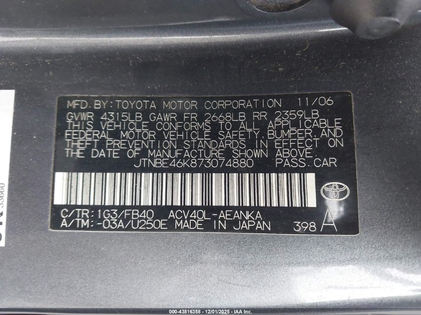 2007 Toyota Camry Le VIN: JTNBE46K873074880 Lot: 43816358