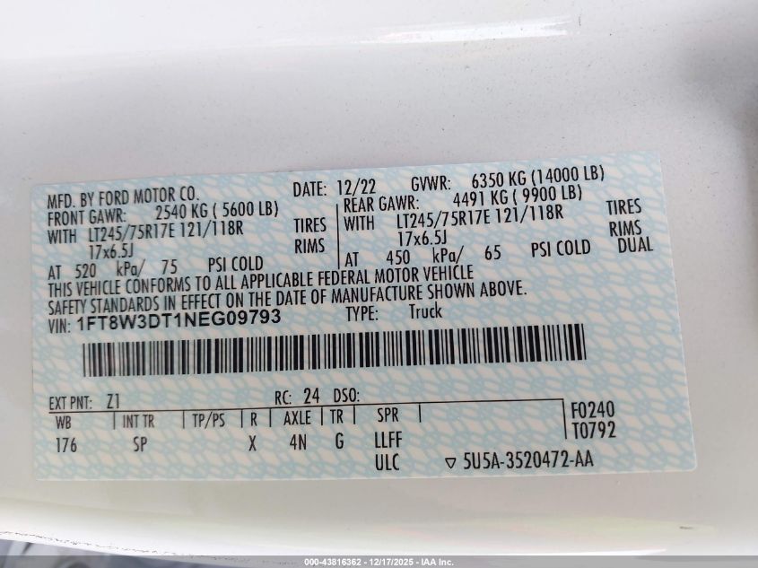 2022 Ford F-350 King Ranch VIN: 1FT8W3DT1NEG09793 Lot: 43816362