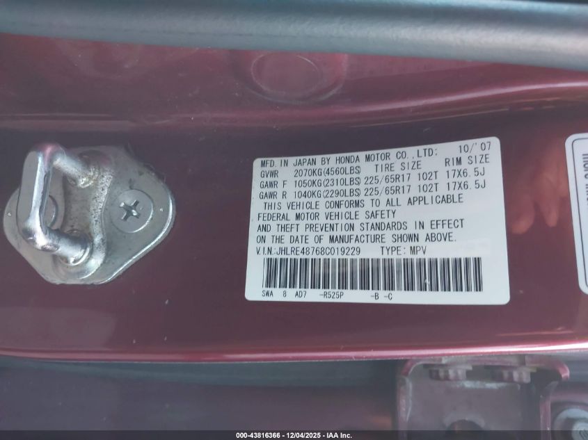 2008 Honda Cr-V Ex-L VIN: JHLRE48768C019229 Lot: 43816366
