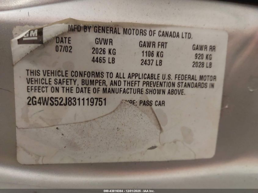 2003 Buick Century Custom VIN: 2G4WS52J831119751 Lot: 43816384