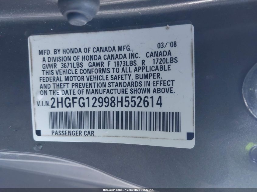 2008 Honda Civic Ex-L VIN: 2HGFG12998H552614 Lot: 43816386