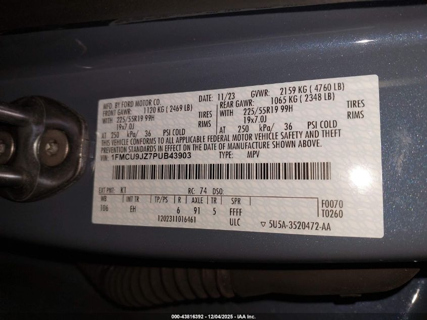 2023 Ford Escape Platinum VIN: 1FMCU9JZ7PUB43903 Lot: 43816392