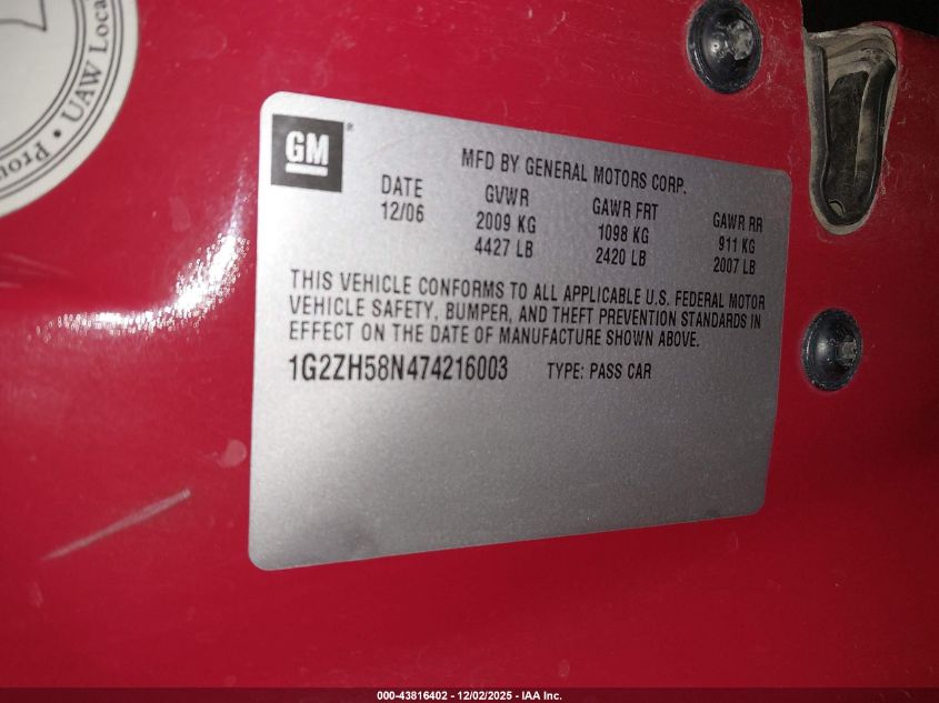 2007 Pontiac G6 Gt VIN: 1G2ZH58N474216003 Lot: 43816402