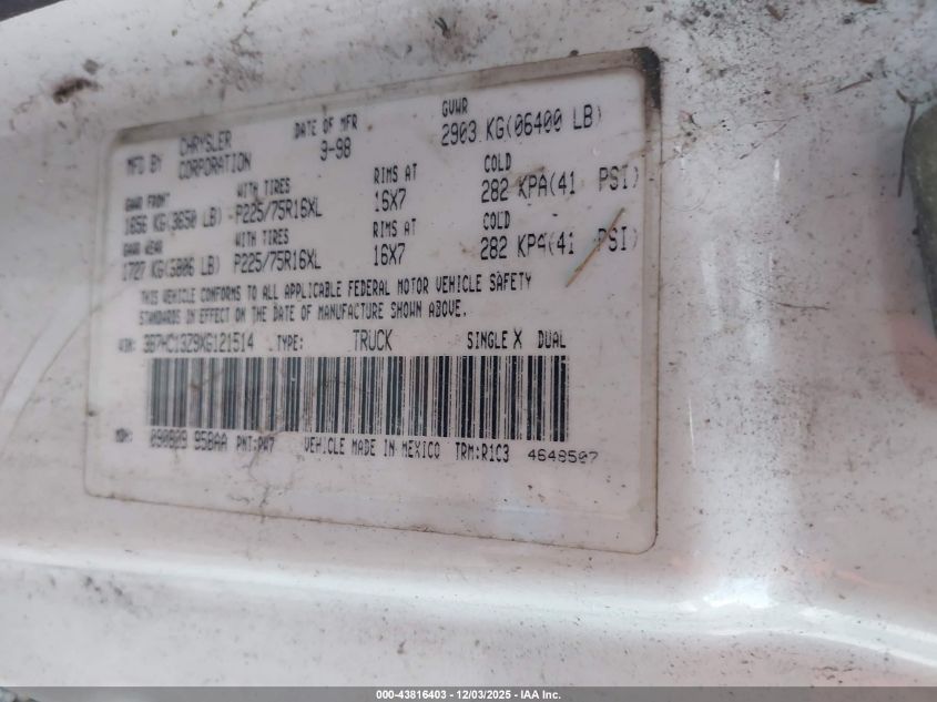 1999 Dodge Ram 1500 St VIN: 3B7HC13Z9XG121514 Lot: 43816403