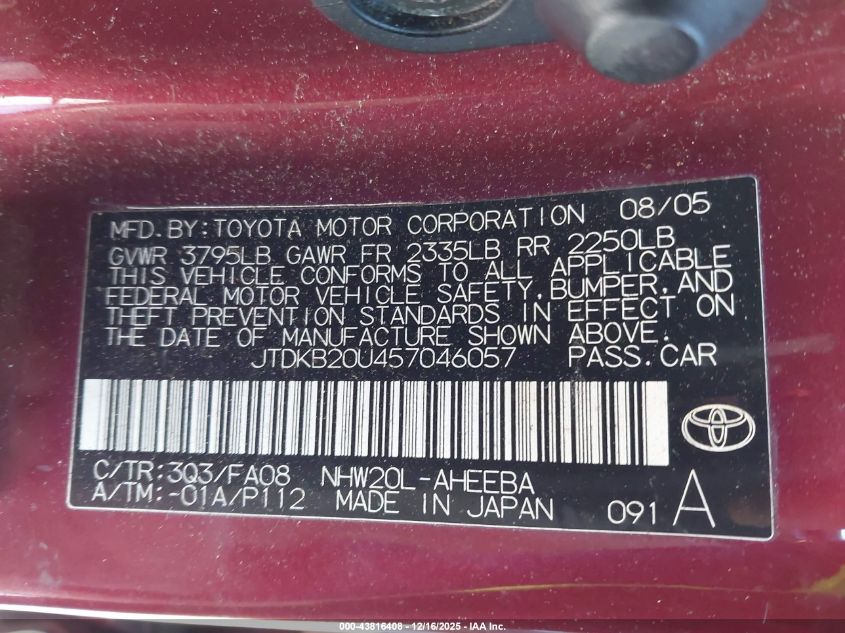 2005 Toyota Prius VIN: JTDKB20U457046057 Lot: 43816408