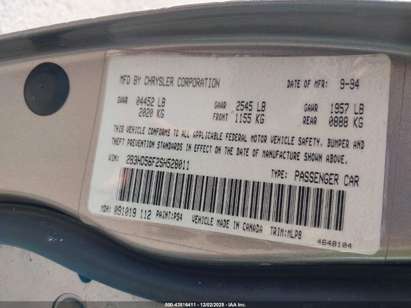 1995 Dodge Intrepid Es VIN: 2B3HD56F2SH528011 Lot: 43816411