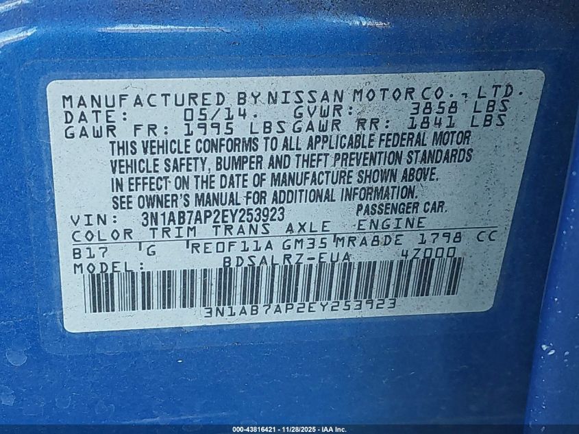 2014 Nissan Sentra Sr VIN: 3N1AB7AP2EY253923 Lot: 43816421