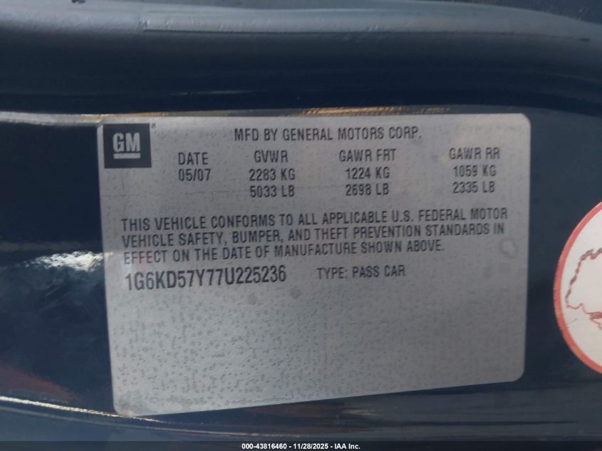 2007 Cadillac Dts Luxury I VIN: 1G6KD57Y77U225236 Lot: 43816460