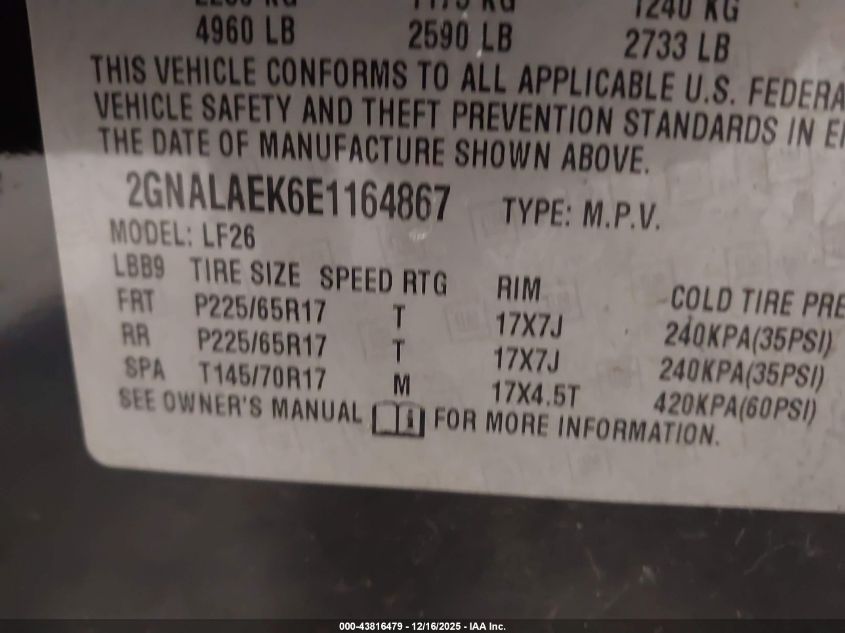 2014 Chevrolet Equinox Ls VIN: 2GNALAEK6E1164867 Lot: 43816479