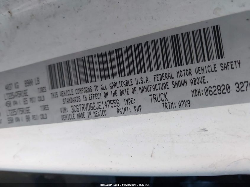 2018 Ram Promaster 2500 High Roof 159 Wb VIN: 3C6TRVDG2JE147556 Lot: 43816481
