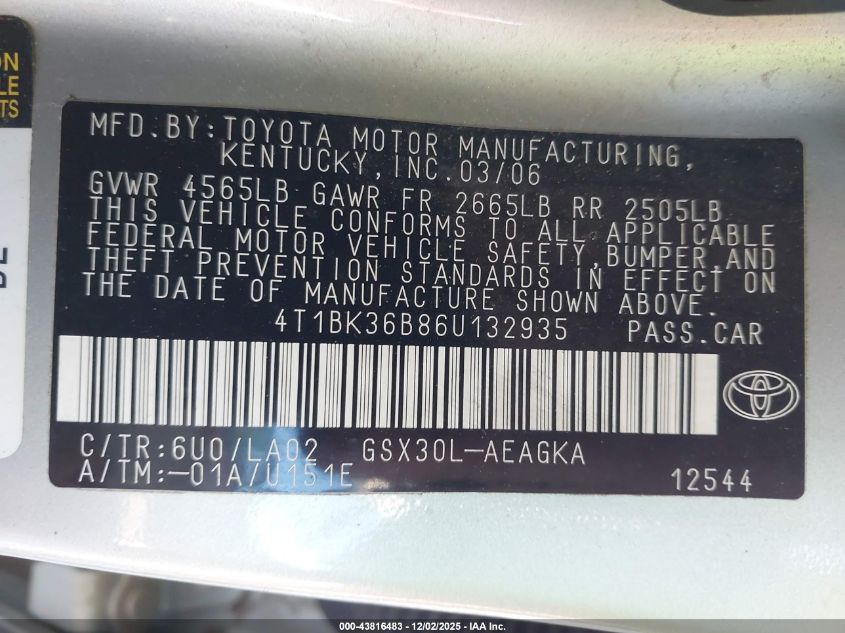 2006 Toyota Avalon Xls VIN: 4T1BK36B86U132935 Lot: 43816483