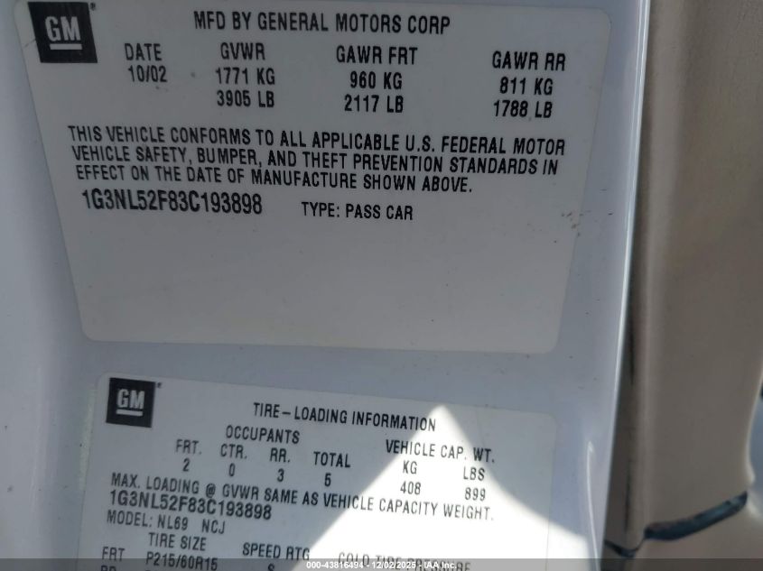 2003 Oldsmobile Alero Gl1 VIN: 1G3NL52F83C193898 Lot: 43816494