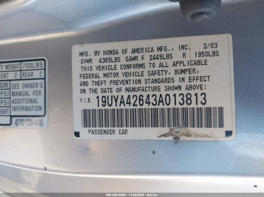 2003 Acura Cl 3.2 Type S Automatic VIN: 19UYA42643A013813 Lot: 43816498