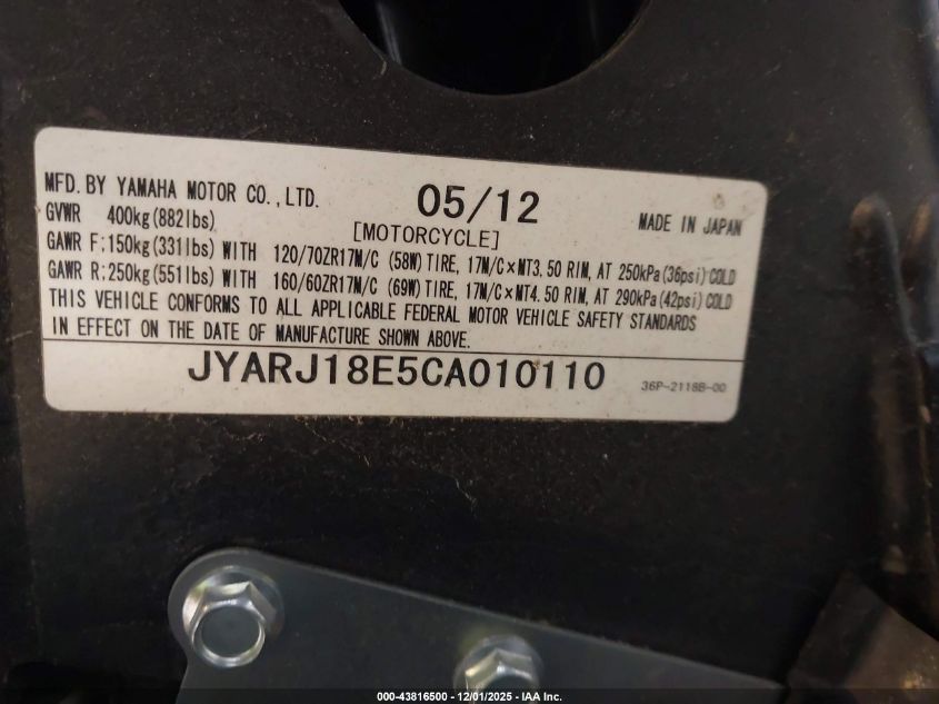 2012 Yamaha Fz6 R VIN: JYARJ18E5CA010110 Lot: 43816500