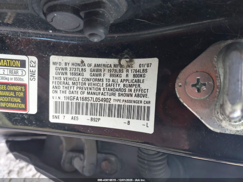 2007 Honda Civic Ex VIN: 1HGFA16857L054902 Lot: 43816519