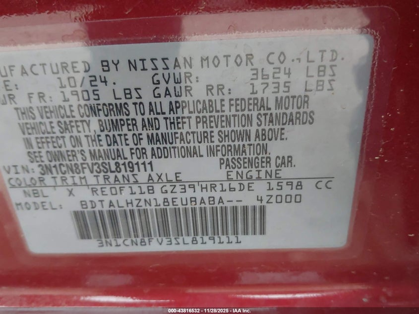 2025 Nissan Versa 1.6 Sr VIN: 3N1CN8FV3SL819111 Lot: 43816532