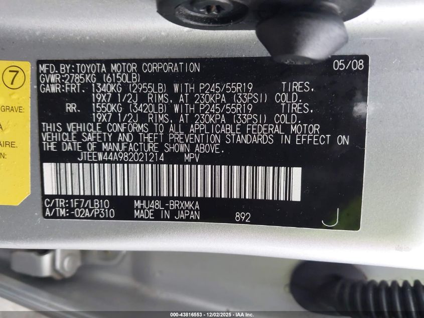 2008 Toyota Highlander Hybrid Limited VIN: JTEEW44A982021214 Lot: 43816553