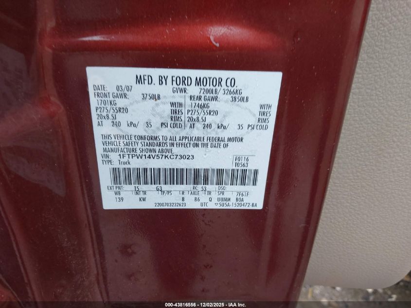 2007 Ford F-150 Fx4/Lariat/Xlt VIN: 1FTPW14V57KC73023 Lot: 43816556