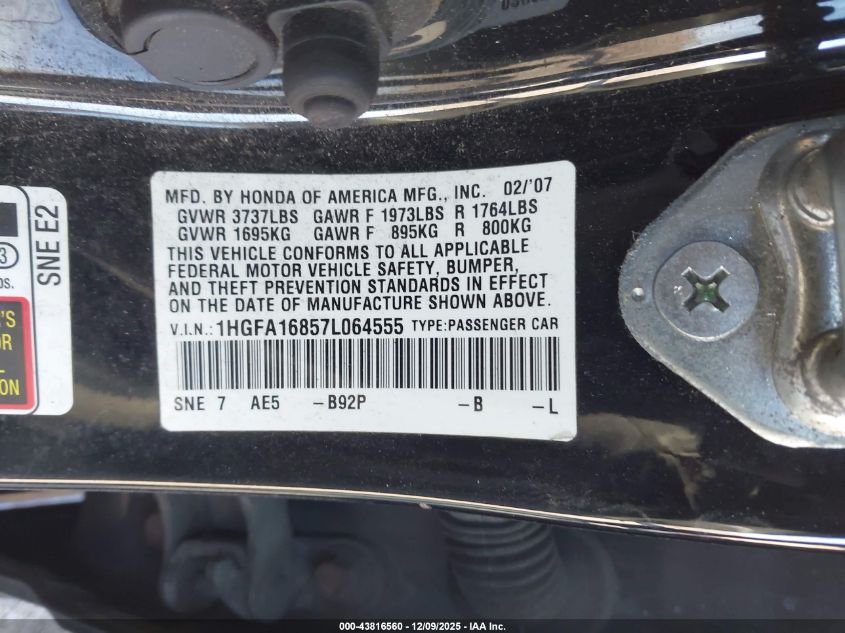 2007 Honda Civic Ex VIN: 1HGFA16857L064555 Lot: 43816560