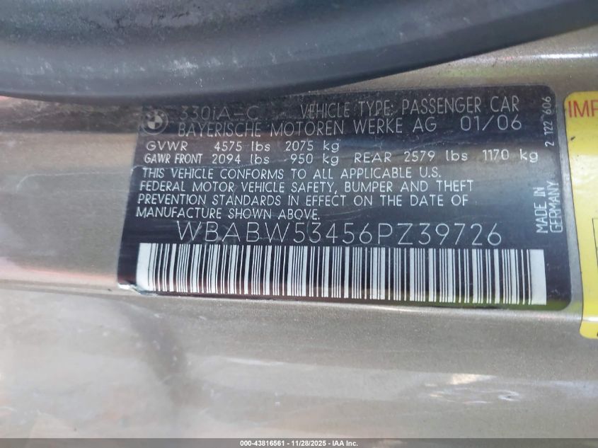 2006 BMW 330Ci VIN: WBABW53456PZ39726 Lot: 43816561