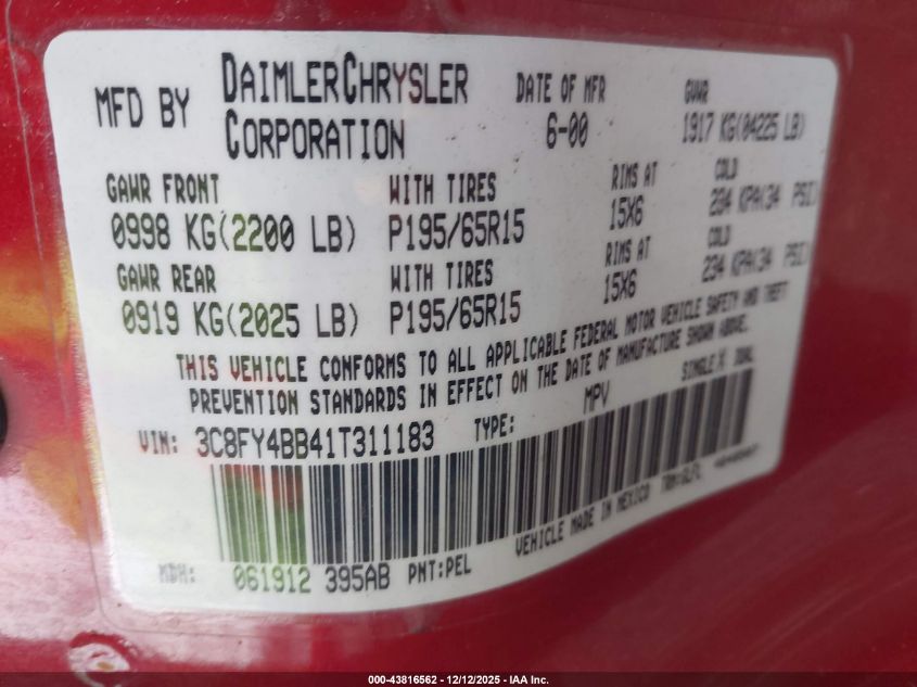 2001 Chrysler Pt Cruiser VIN: 3C8FY4BB41T311183 Lot: 43816562